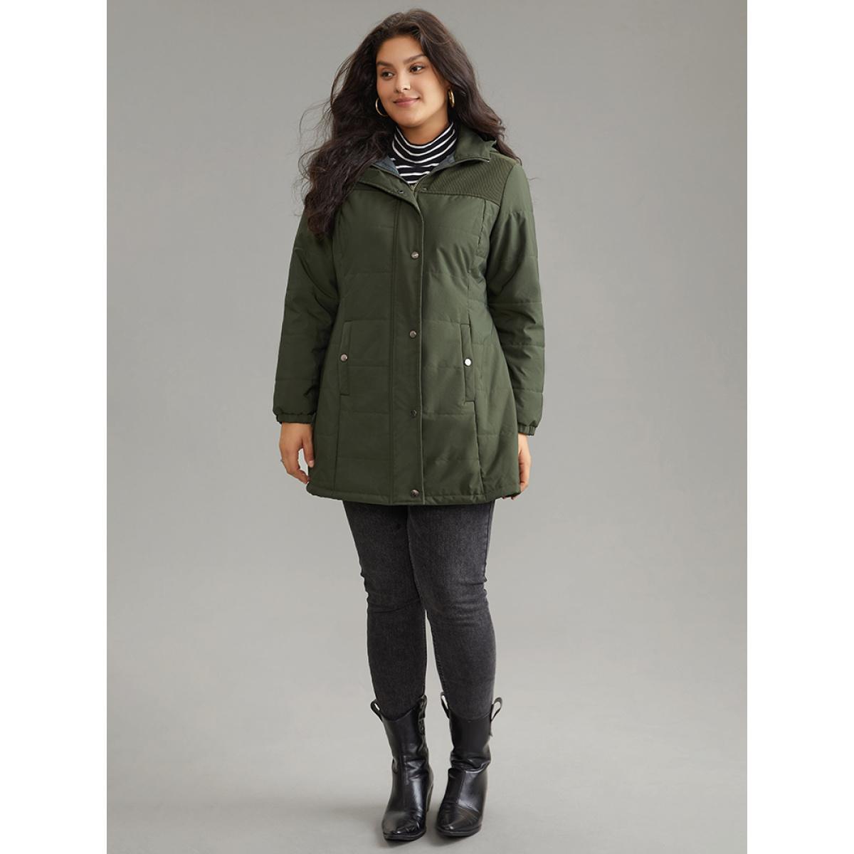 Plus Size Plain Patchwork Corduroy Zipper Padded Hooded Jacket Women ArmyGreen Lined Pocket Everyday Jackets BloomChic 18-20/2X Product Image