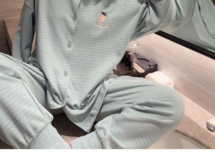 Pajama Set: Long-Sleeve Striped Top + Pants Product Image