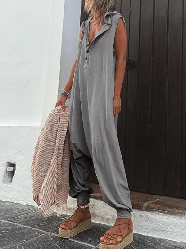 Hooded Loose Buttoned Solid Color V-neck Jumpsuits Product Image