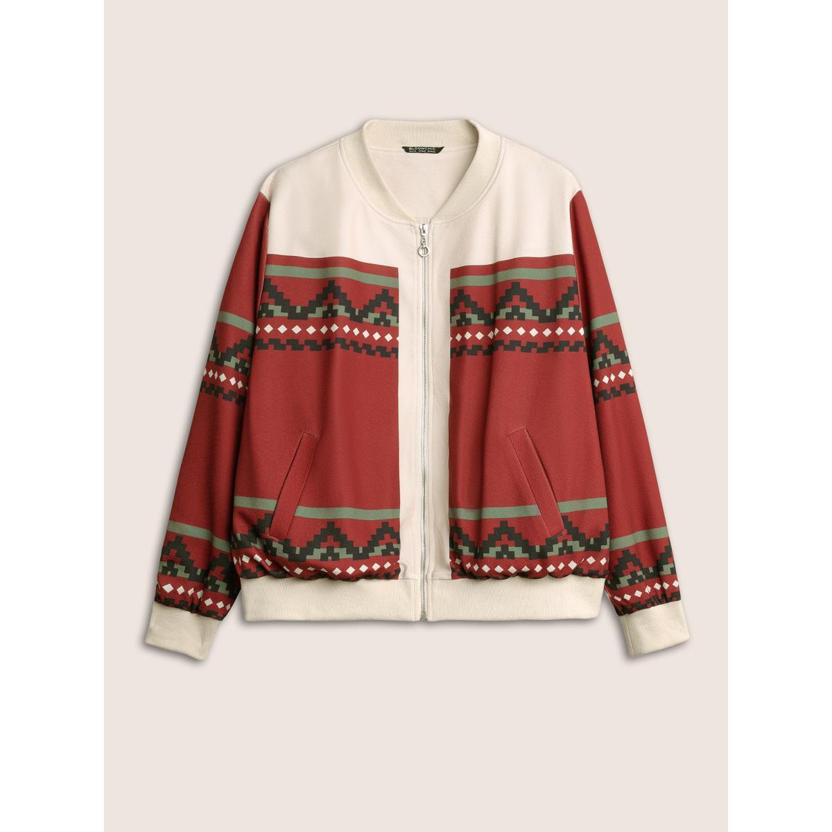 Plus Size Colorblock Rib Knit Pocket Zipper Fly Jacket Women Scarlet Non Slanted pocket Everyday Jackets BloomChic 30/6X Product Image