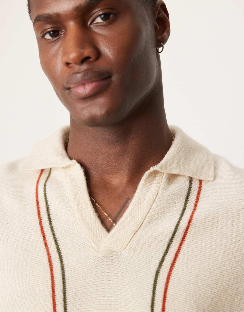 ASOS DESIGN oversized boxy notch neck striped polo in stone Product Image