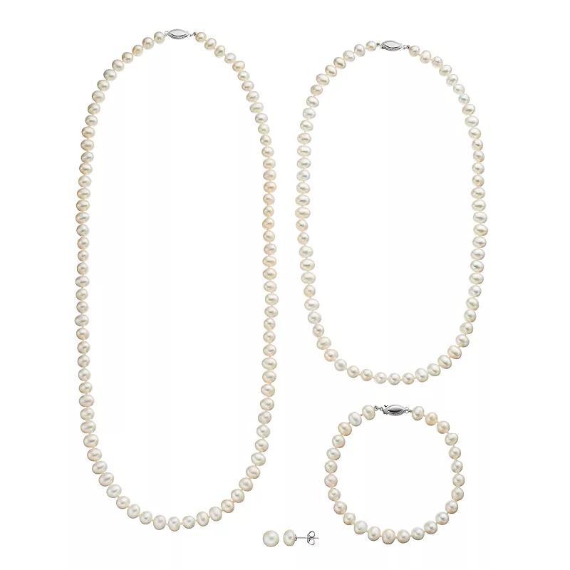 Freshwater Cultured Pearl Necklace, Bracelet & Stud Earring Set, Womens White Product Image
