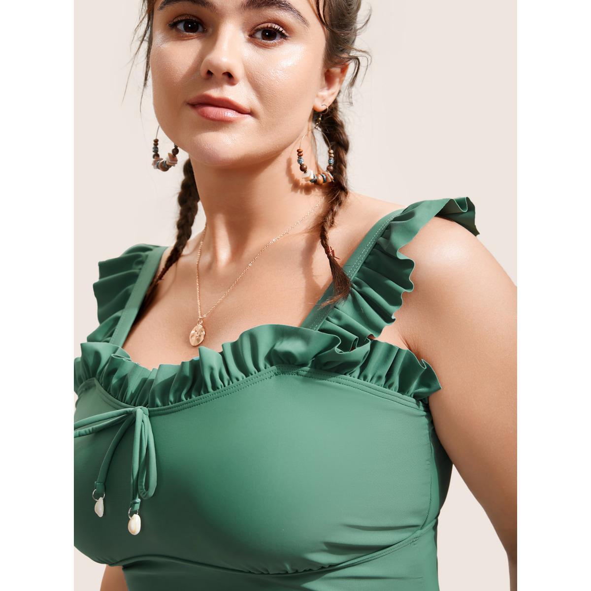 Plus Size Solid Ruffle Trim Ties Adjustable Straps Swim Top Women's Swimwear Mint Beach Non High stretch Skinny Non Curve Swim Tops BloomChic 14-16/1X Product Image