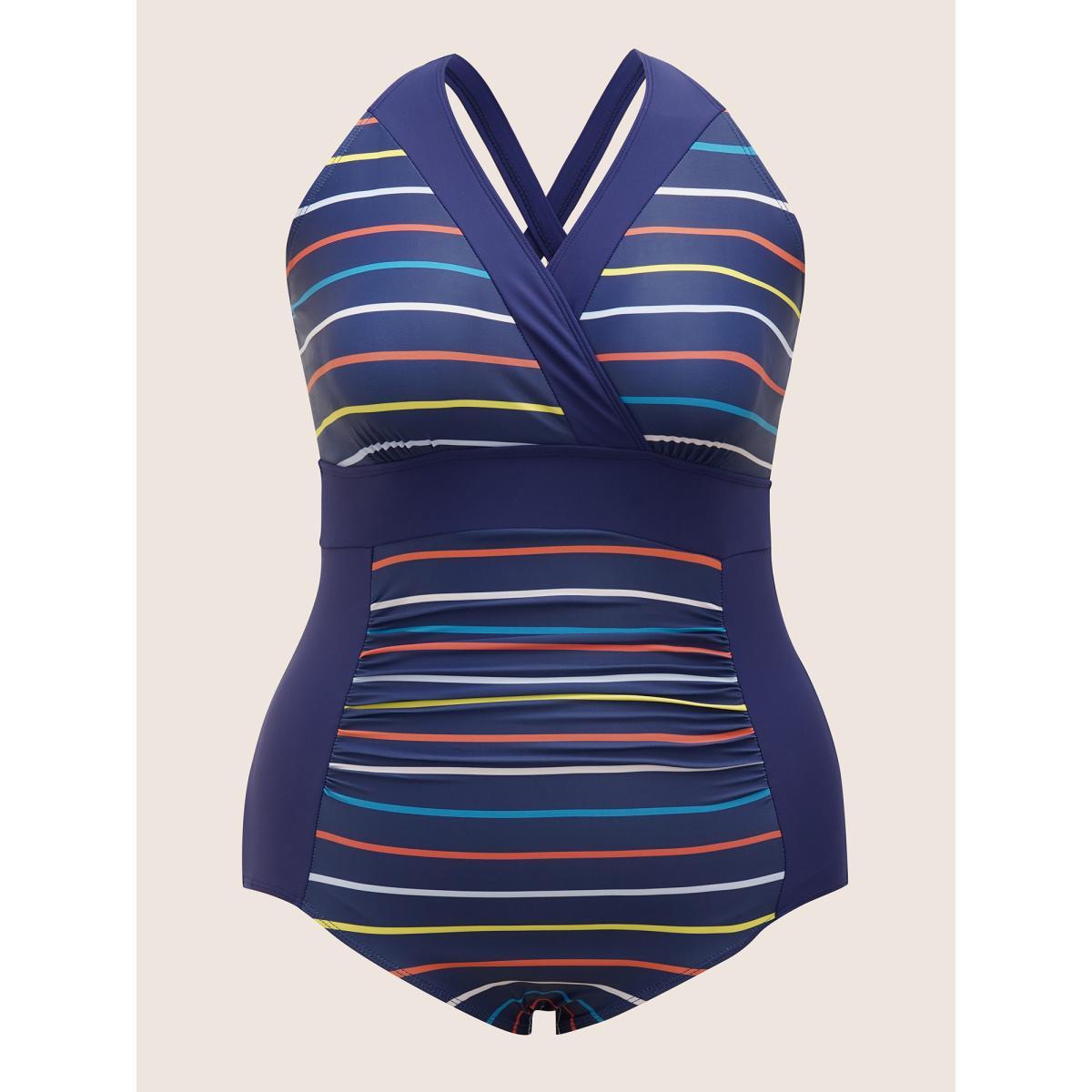 Plus Size Striped Overlap Collar Ruched One Piece Swimsuit Women's Swimwear DarkBlue Beach Gathered Curve Bathing Suits High stretch One Pieces BloomChic 26/4X Product Image