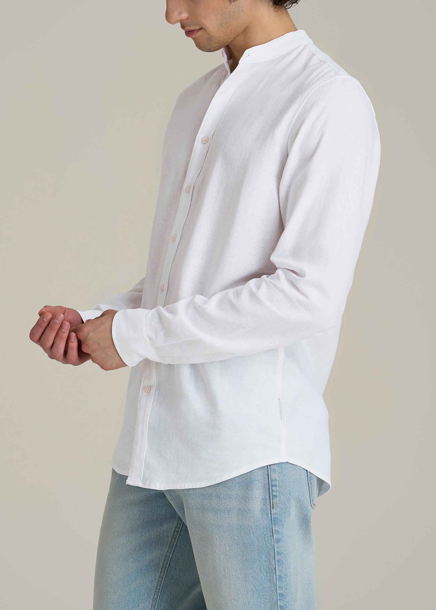 Band Collar Linen Button Shirt for Tall Men in Optic White Product Image