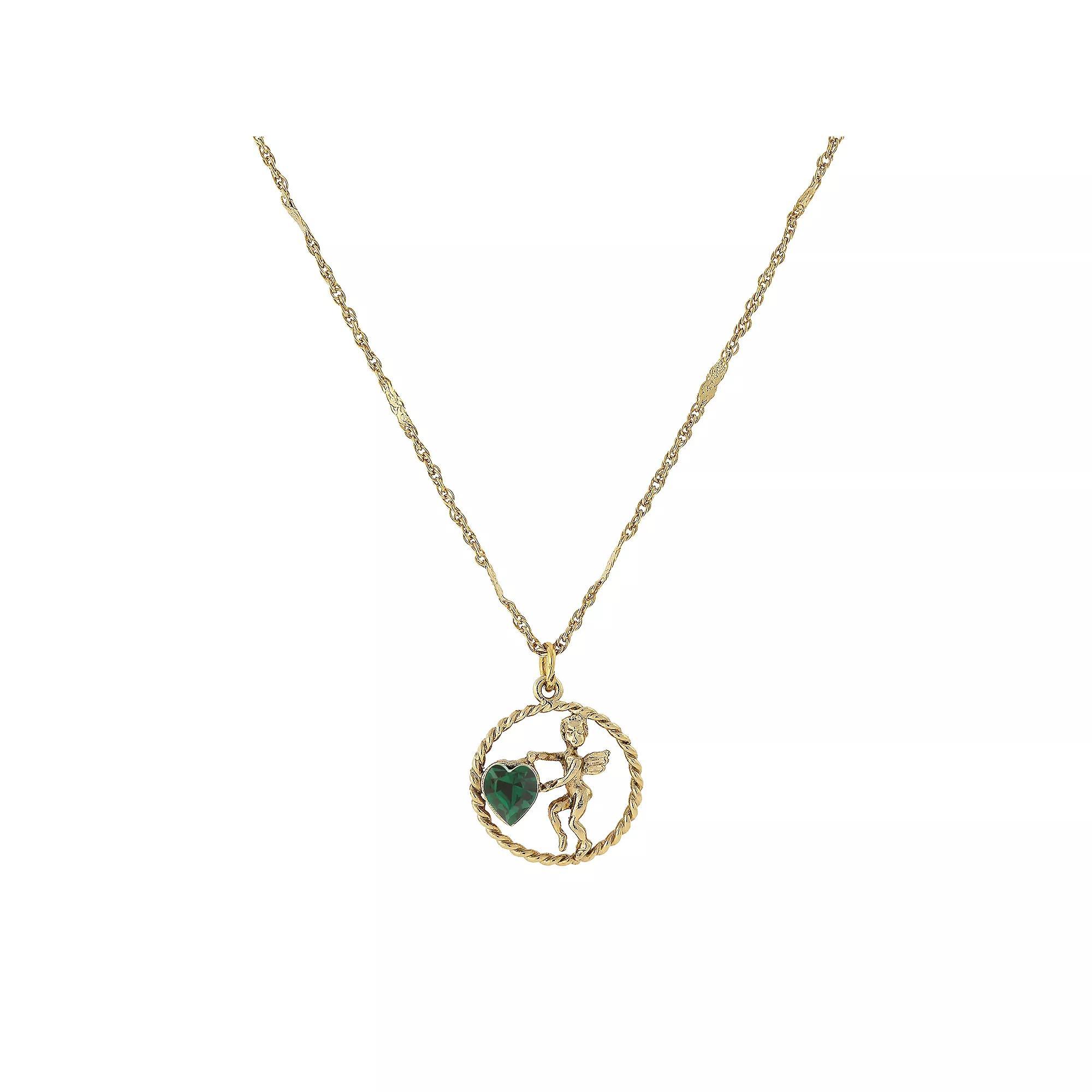 1928 Gold Tone Suspended Cherub Angel and Heart Necklace, Womens, Yellow Product Image