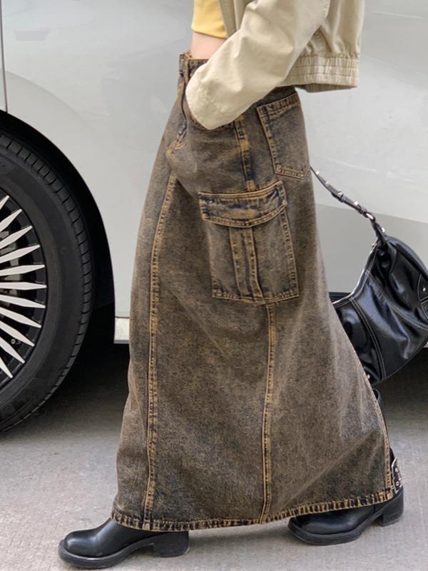 Wash Distressed Big Pocket High Rise Maxi Skirt Product Image