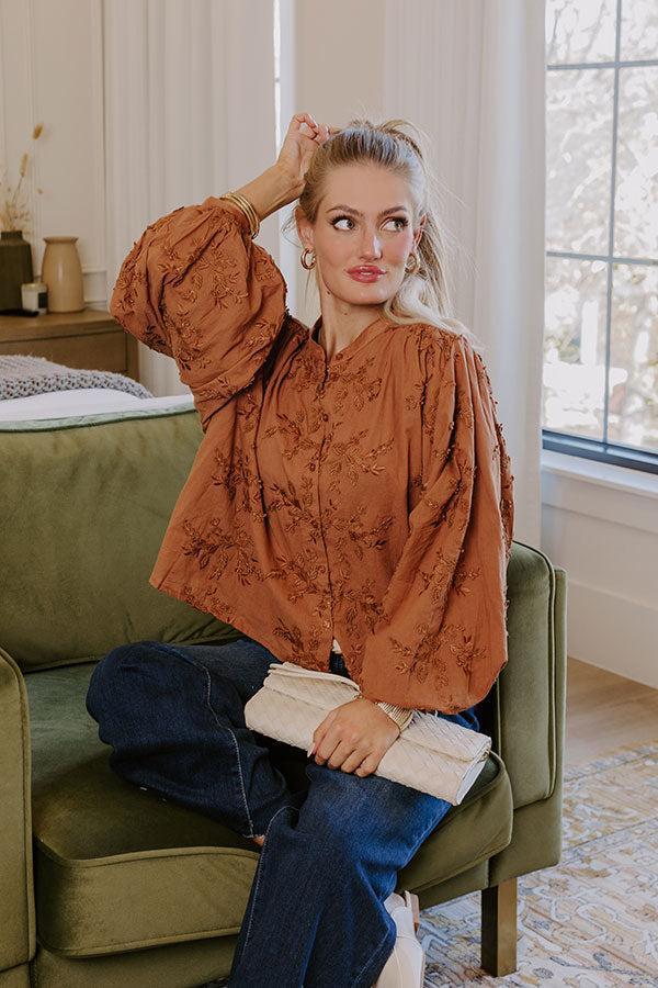 Lost In Love Embroidered Button Up in Brown Product Image