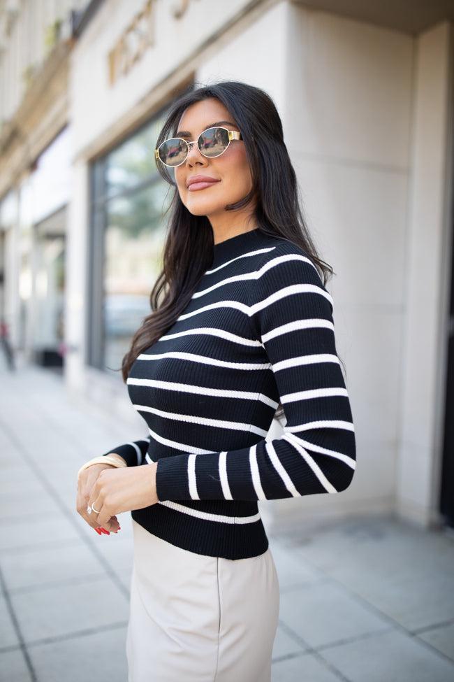 Cabin Bound Black Striped Fitted Mock Neck Sweater FINAL SALE Product Image
