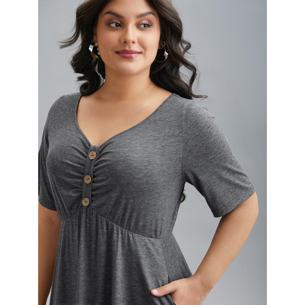Plus Size Gathered Button Detail Plain Knit Dress DimGray Women Casual Gathered Knit Dresses Bloomchic 26/4X Product Image