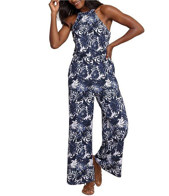 Southern Tide Karrigan Tropical Grand Palms Printed Halter Neck Sleeveless Performance Jumpsuit Product Image