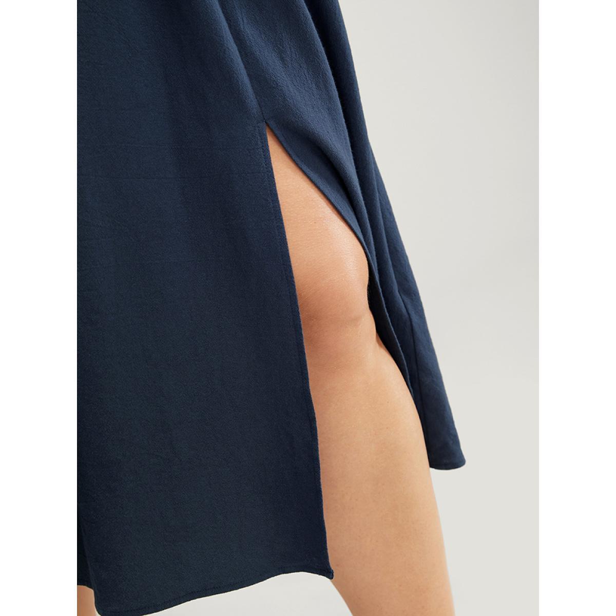 Plus Size Solid Shirt Collar Sleeveless Pocket Button Up Split Hem Dress Indigo Women Office Button Shirt collar Sleeveless Curvy Midi Dress BloomChic 14-16/1X Product Image