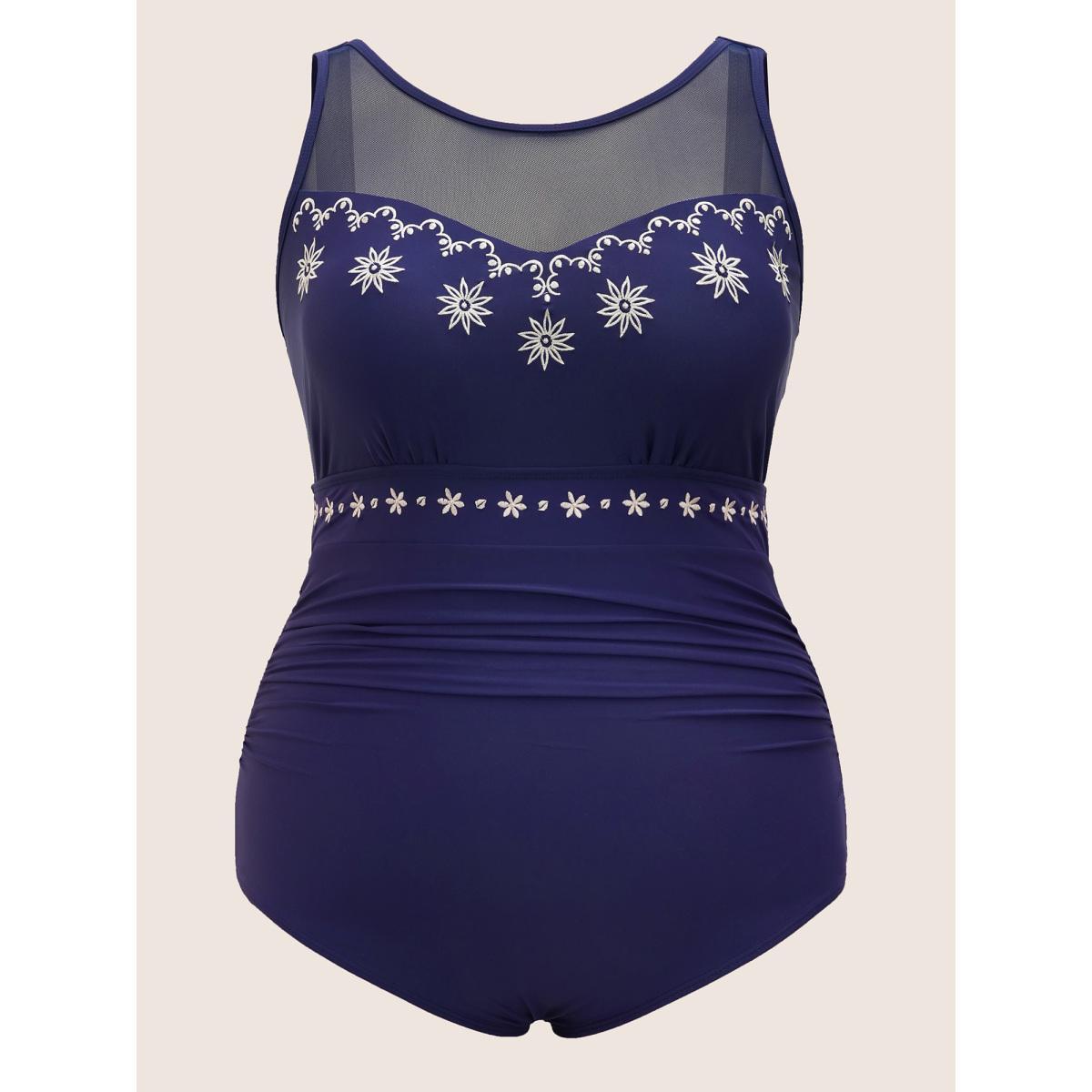 Plus Size Floral Embroidered Mesh Patchwork Ruched One Piece Swimsuit Women's Swimwear Indigo Beach Gathered Curve Bathing Suits High stretch One Pieces BloomChic 30/6X Product Image