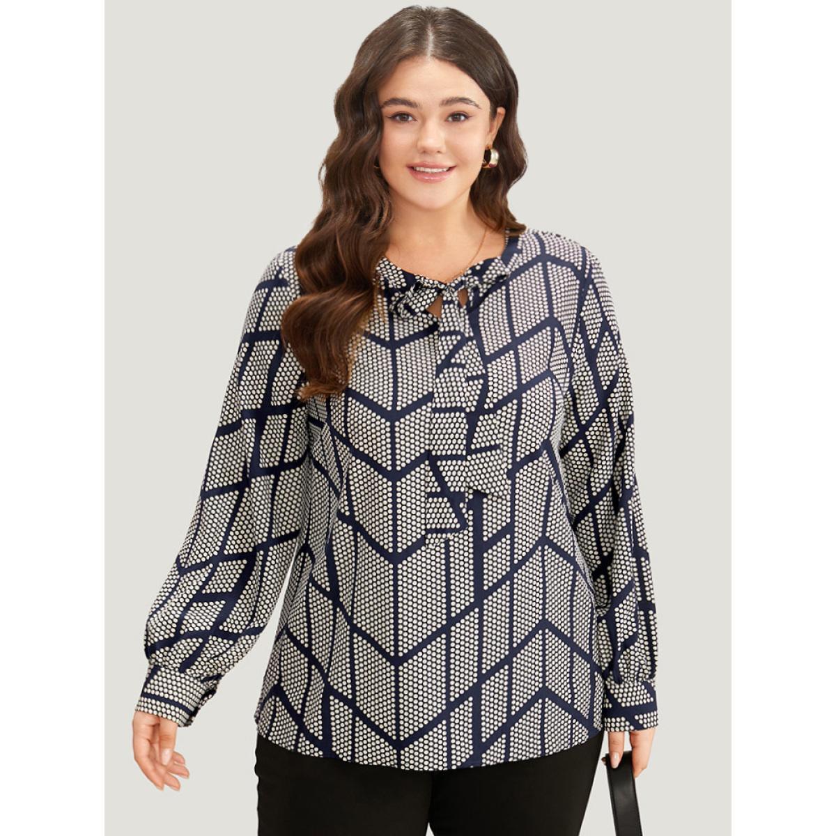 Plus Size Indigo Polka Dot Knot Neck Blouse Women Office Long Sleeve Tie Neck Work Blouses BloomChic 10/M Product Image