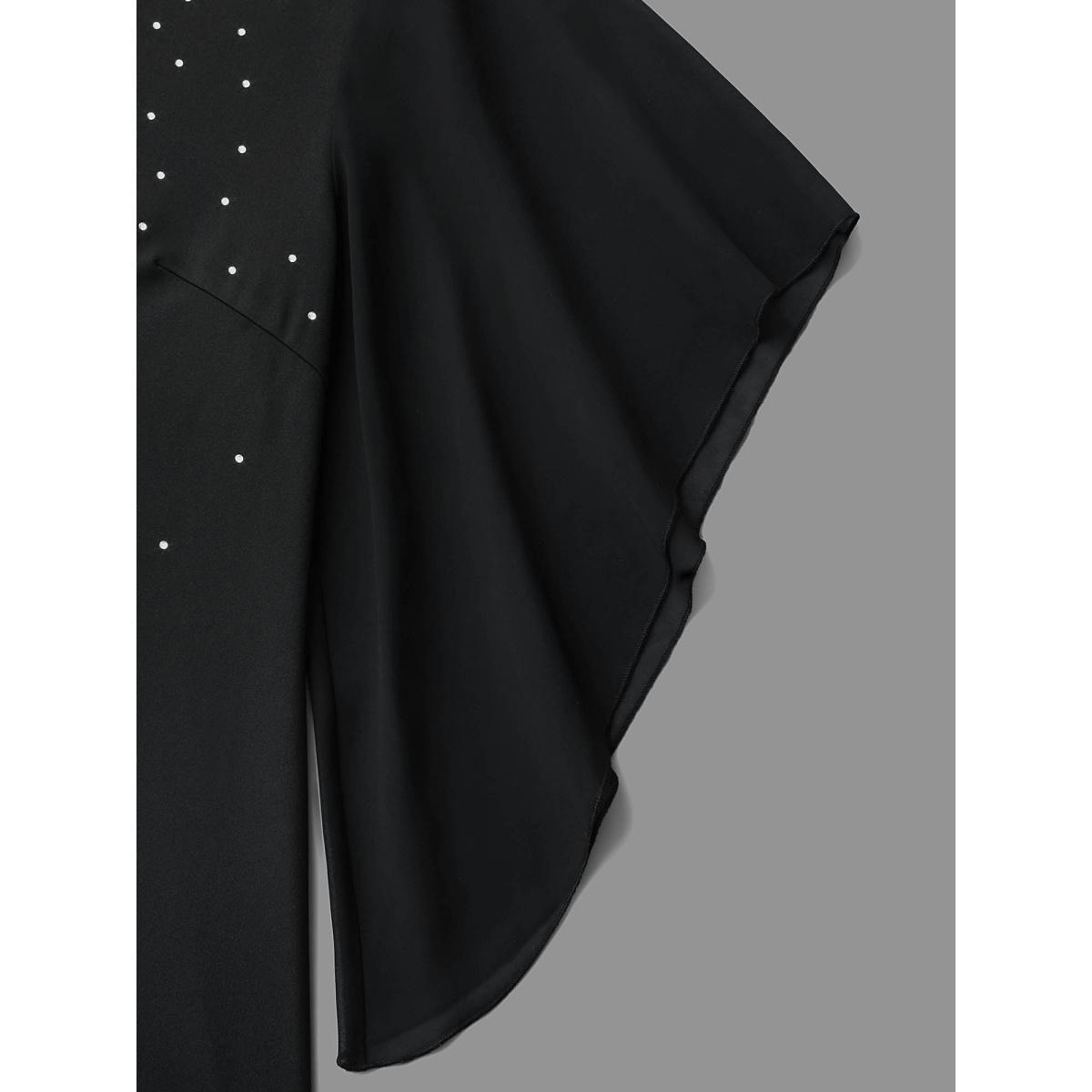 Plus Size Rhinestone Ruffle Sleeve Mesh Patchwork Dress Pureblack Women Cocktail Rhinestone detailing Party Curvy Bloomchic 10/M Product Image