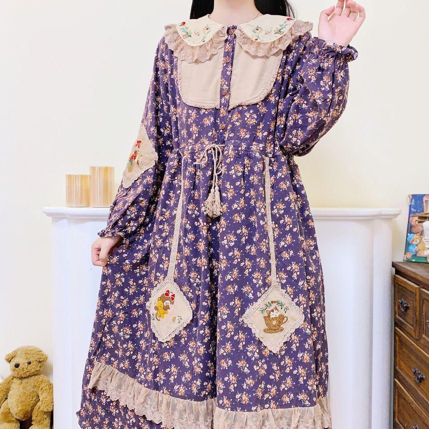 Long-Sleeve Collar Floral Embroidered Patchwork Lace Trim Midi A-Line Dress Product Image