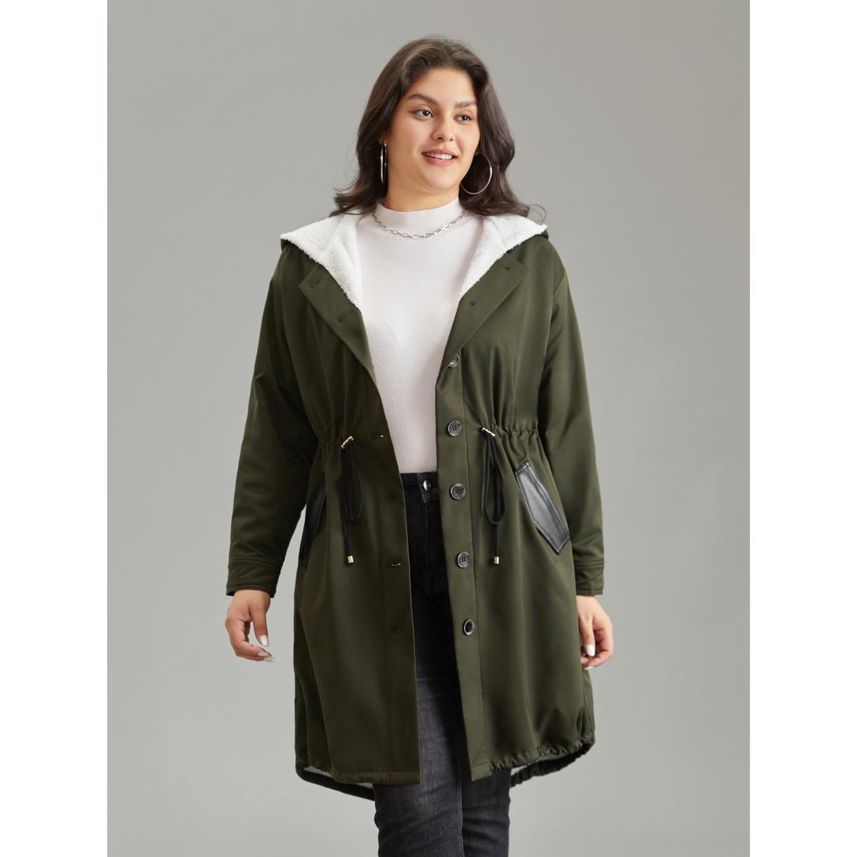 Plus Size Patchwork Fuzzy PU Leather Drawstring Coat Women ArmyGreen Casual Contrast Ladies Dailywear Winter Coats BloomChic 14-16/1X Product Image