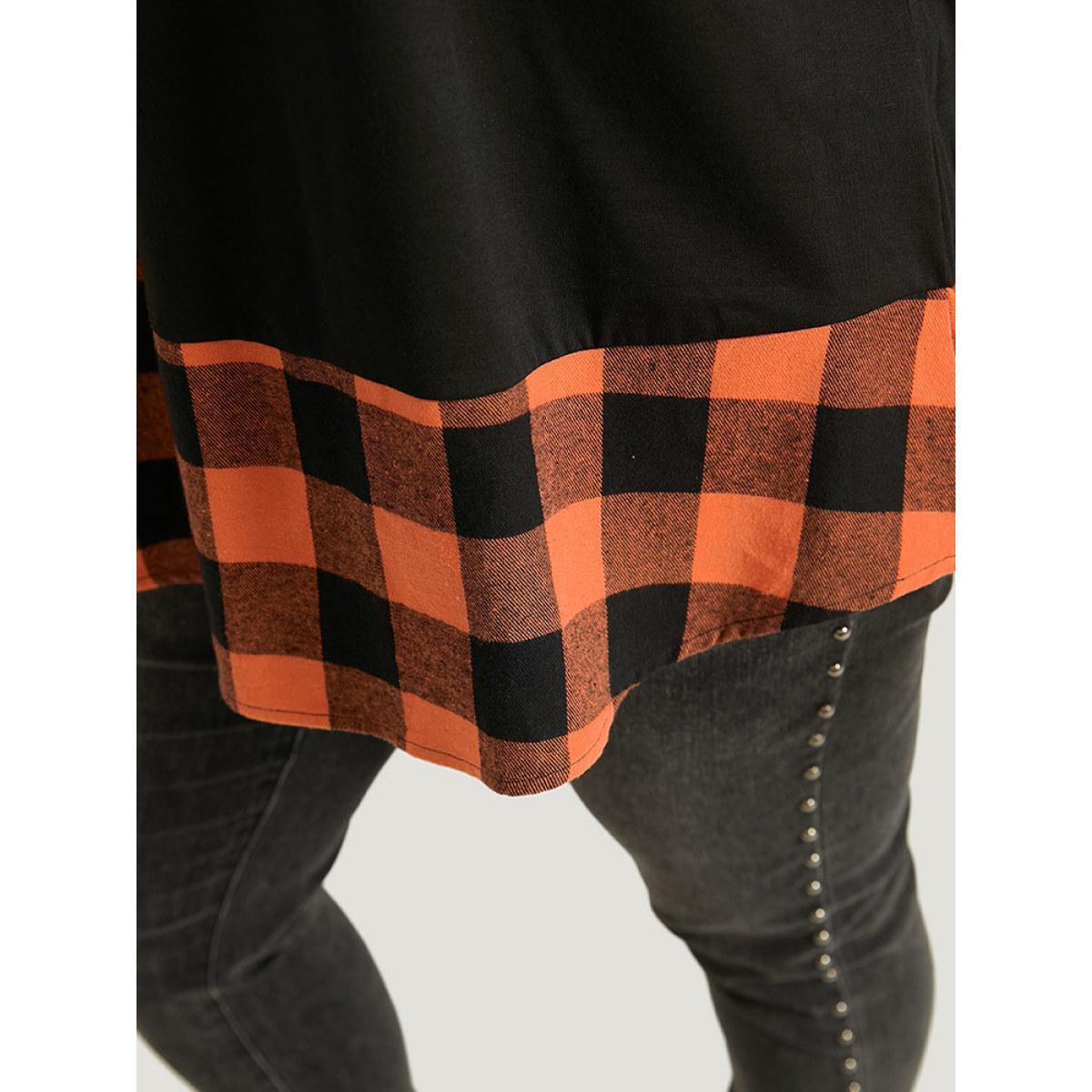Plus Size Halloween Gingham Patchwork Notched Button Up Arc Hem T-shirt Black Women Casual Contrast Plaid Round Neck Festival-Halloween T-shirts BloomChic 28/5X Product Image