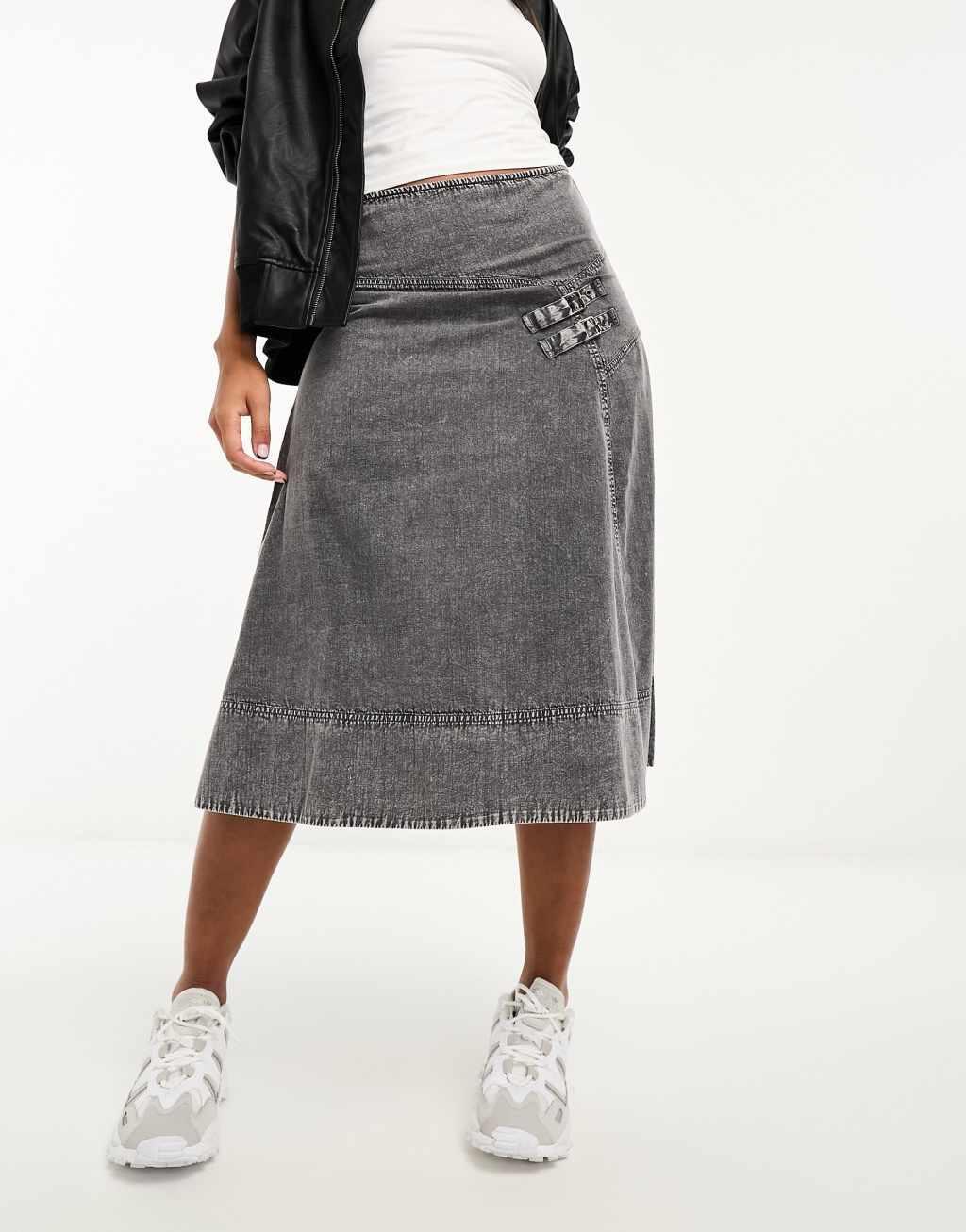 Reclaimed Vintage wash twill skirt with buckle detail-Blue Product Image