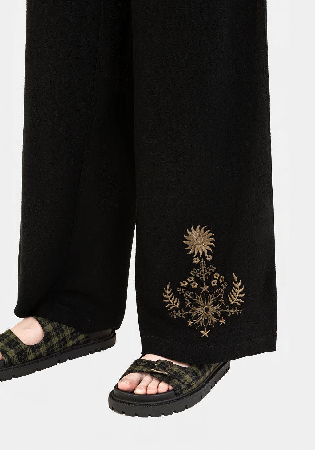 Foliate Linen-Blend Embroidered Wide Leg Trousers - Black Product Image