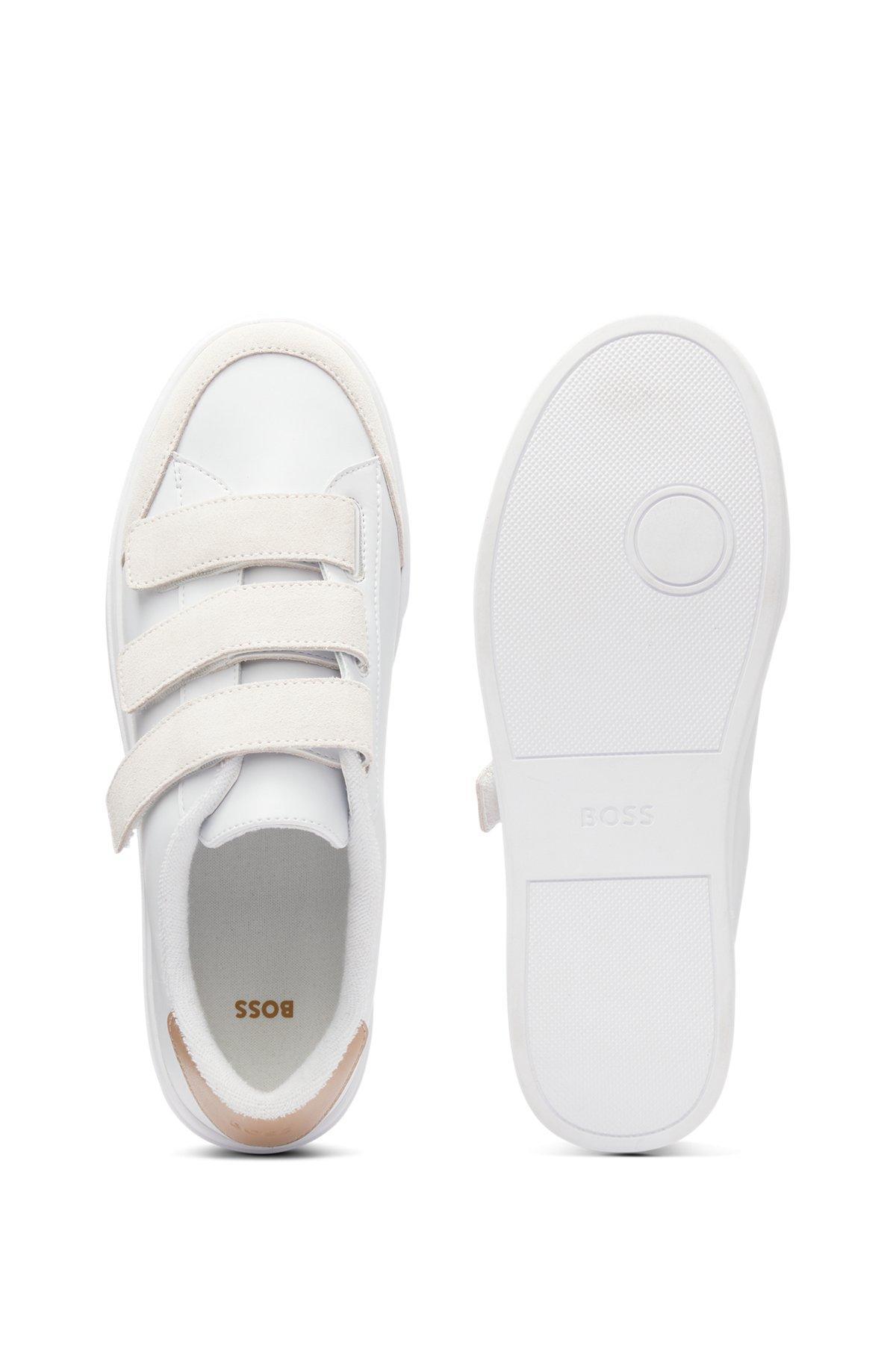 BOSS - Leather trainers with suede riptape straps - White Product Image