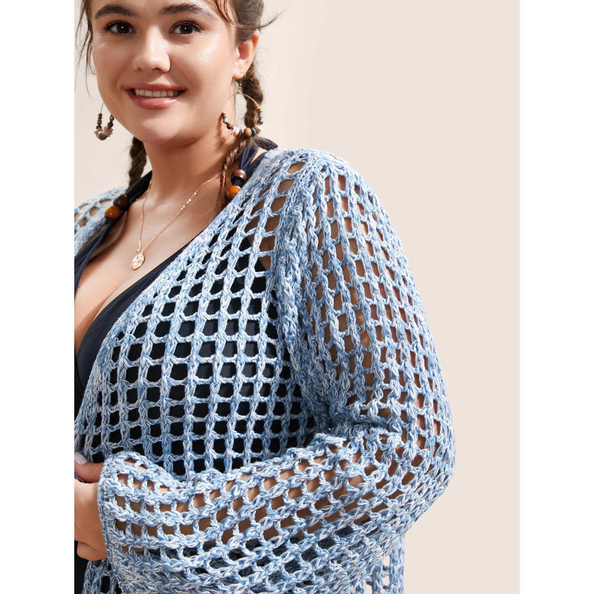 Plus Size Ombre Heather Hollow Out Bell Sleeve Swim Cover Up Women's Swimwear Stone Beach Cut-Out Curve Swim Cover Ups BloomChic 28/5X Product Image