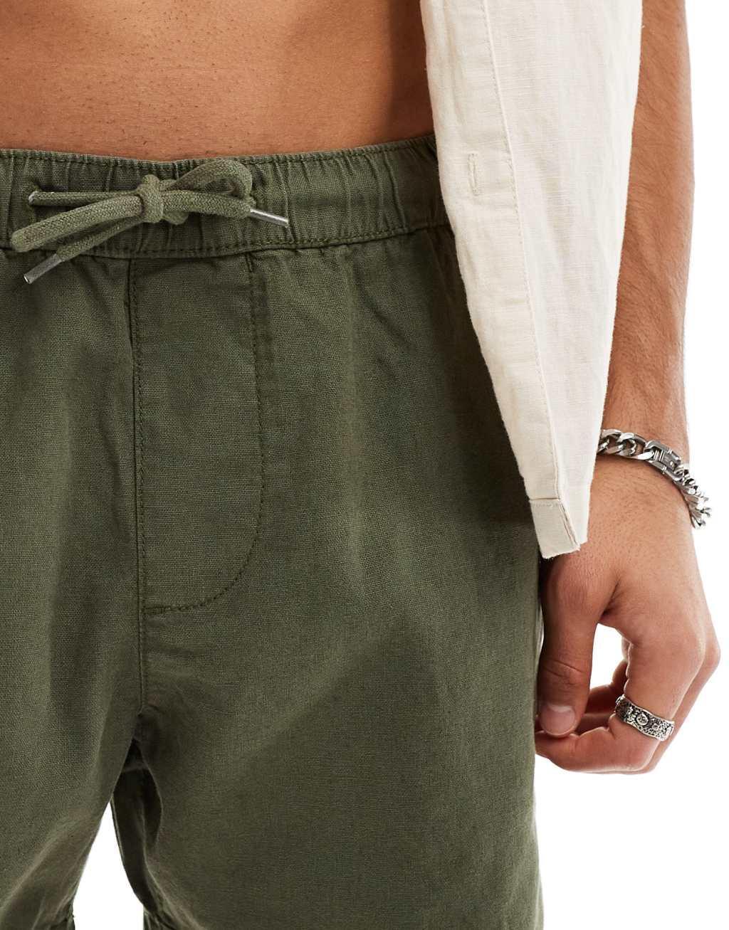 ASOS DESIGN slim linen mix shorts in stone/khaki 2 pack Product Image