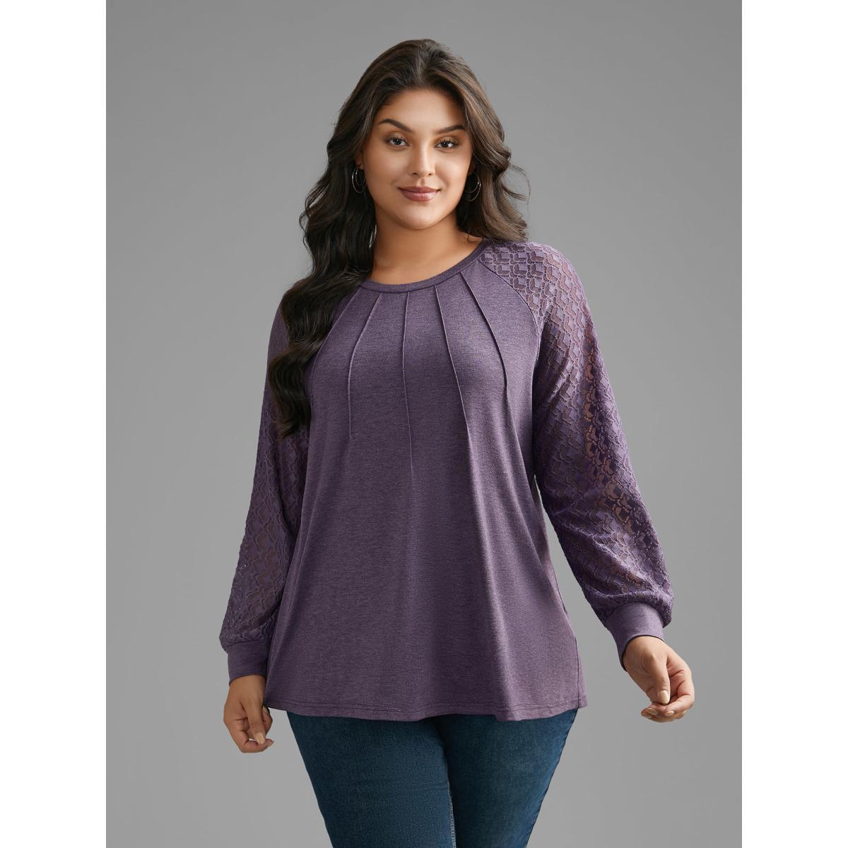 Plus Size Lace Patchwork Pleated Raglan Sleeve T-shirt Eggplant Women Casual Pleated Round Neck Everyday T-shirts BloomChic 18-20/2X Product Image