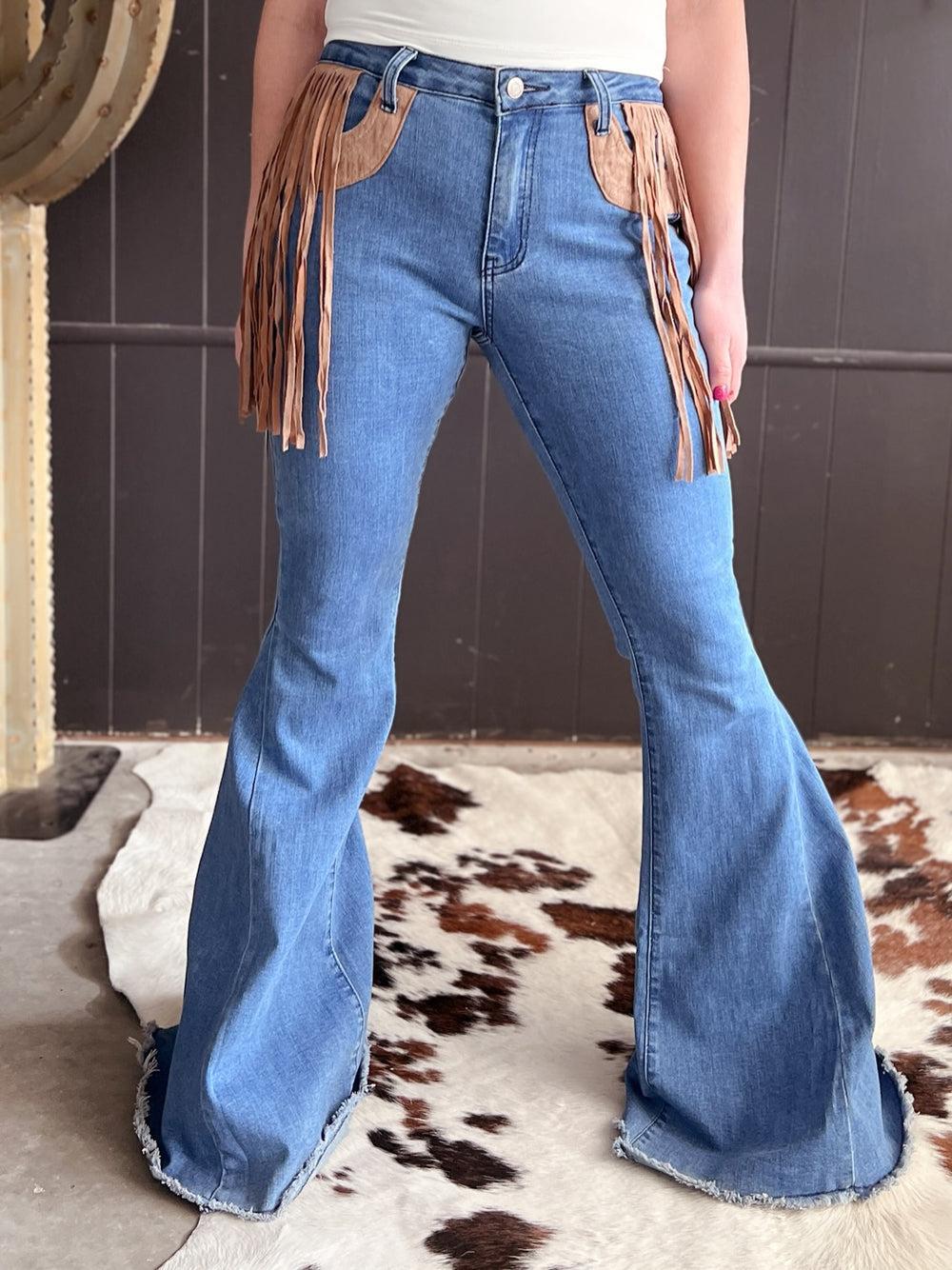 Bell Bottom Denim With Suede Fringe Product Image