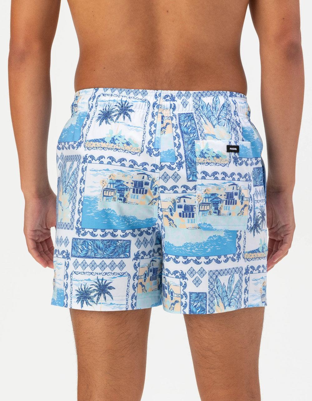 RSQ Mens Vacation Scene Swim Shorts - BLUE/WHT Product Image