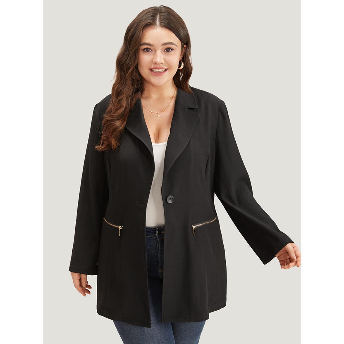 Plus Size Lapel Collar Zipper Button Up Blazer Black Women Work Plain Plain Sleeve Long Sleeve Lapel Collar 26/4X Pocket Office Blazers BloomChic Product Image