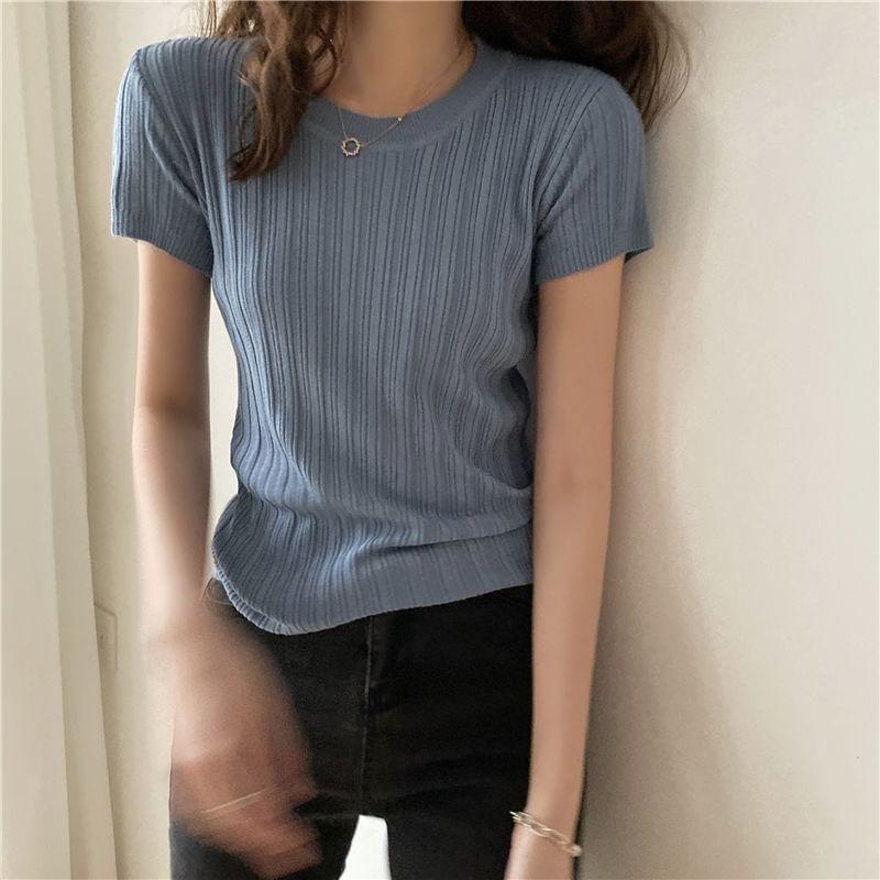 Short-Sleeve Crewneck Ribbed Plain Knit Top Product Image