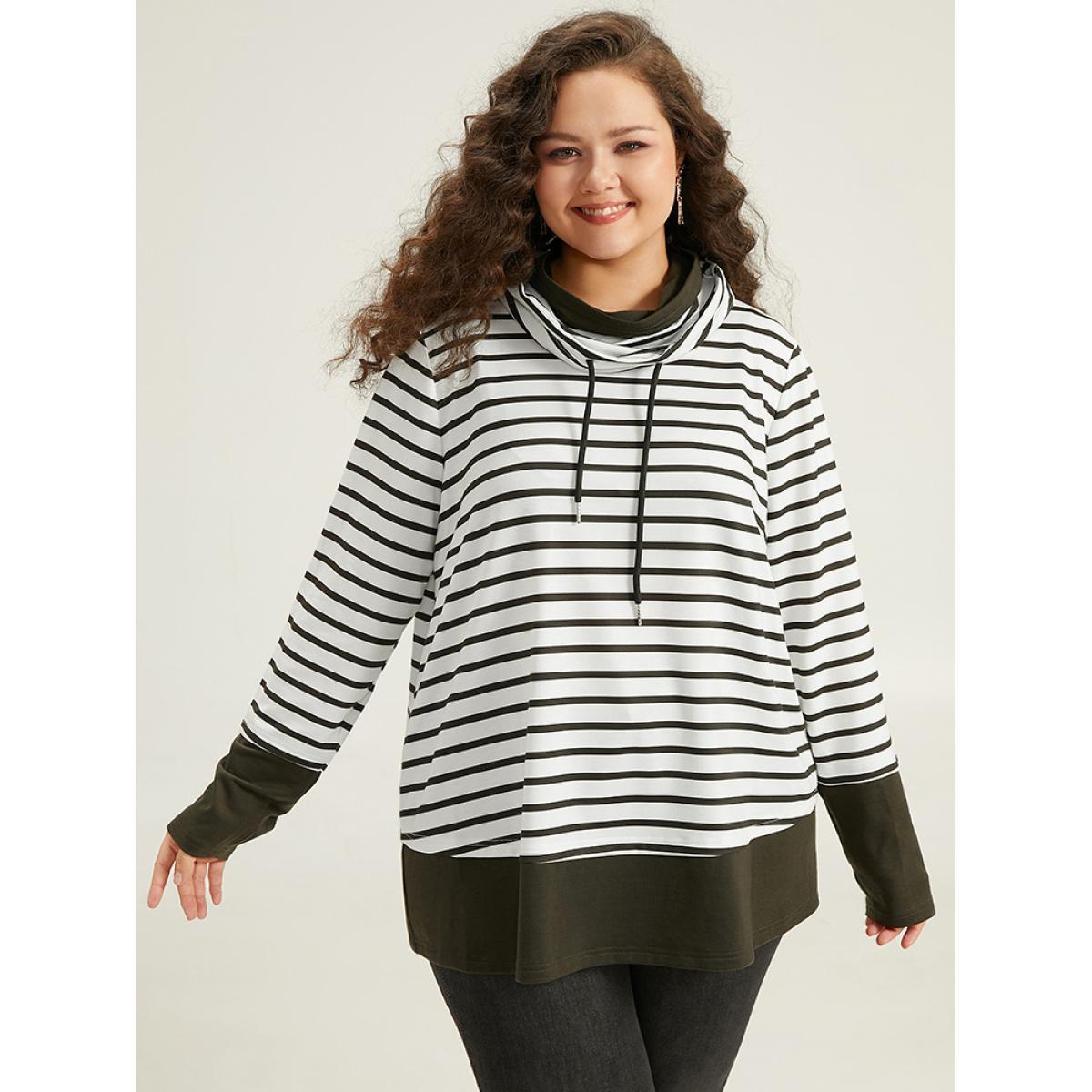 Plus Size Halloween Striped Patchwork Contrast Drawstring Sweatshirt Women Green Casual Contrast Turtleneck Festival-Halloween Sweatshirts BloomChic 28/5X Product Image