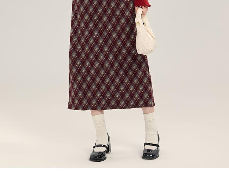 Long-Sleeve Off Shoulder Plain Knit Top / High Rise Plaid Midi Skirt Product Image