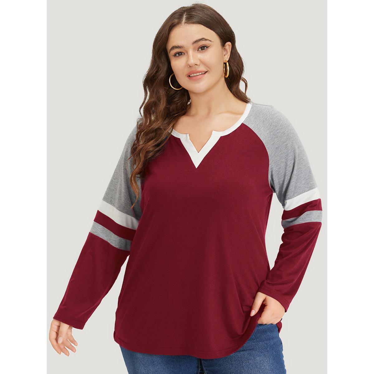 Plus Size Colorblock Contrast Notched Patchwork Raglan Sleeve T-shirt Scarlet Women Casual Contrast Striped Notched collar Dailywear T-shirts BloomChic 26/4X Product Image