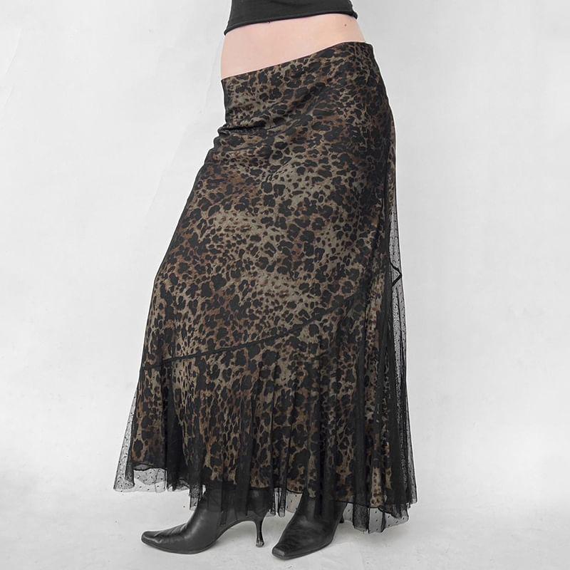 Low Rise Leopard Print Mesh Panel Maxi A-Line Skirt Product Image