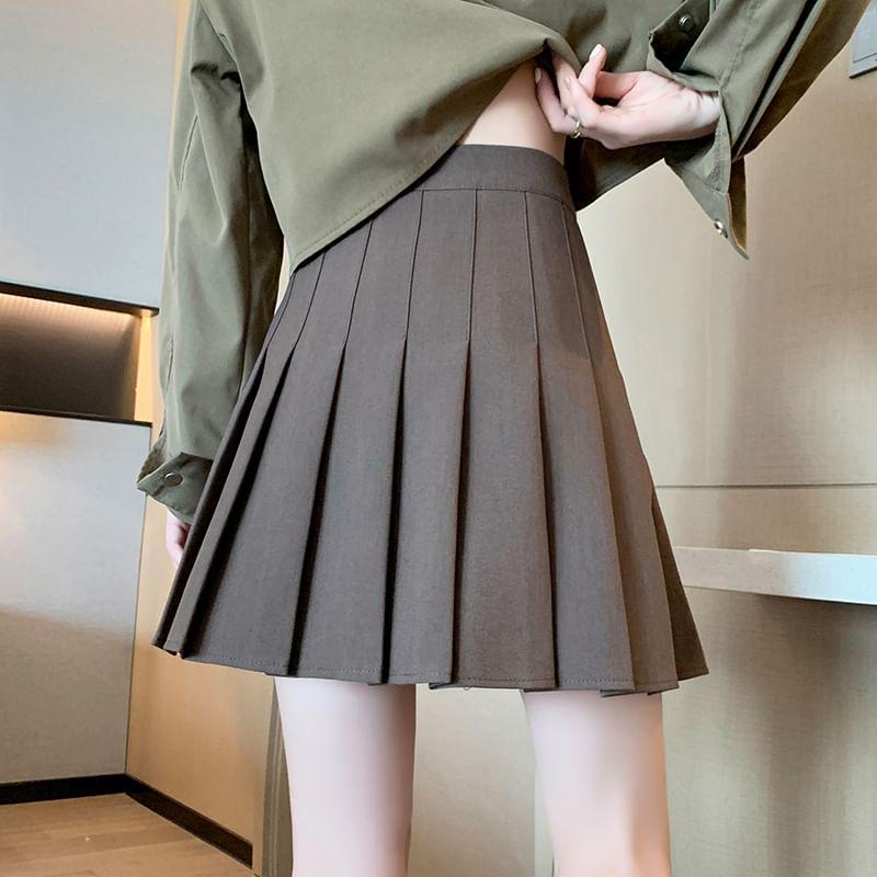 High Waist Plain Pleated Mini A-Line Skirt Product Image