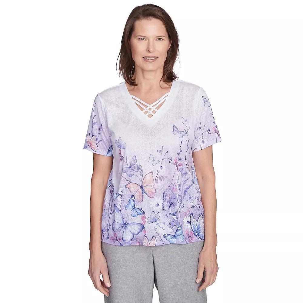 Petite Alfred Dunner Criss Cross Ombre Butterfly Tee, Women's, Size: Large Petite, Purple Product Image