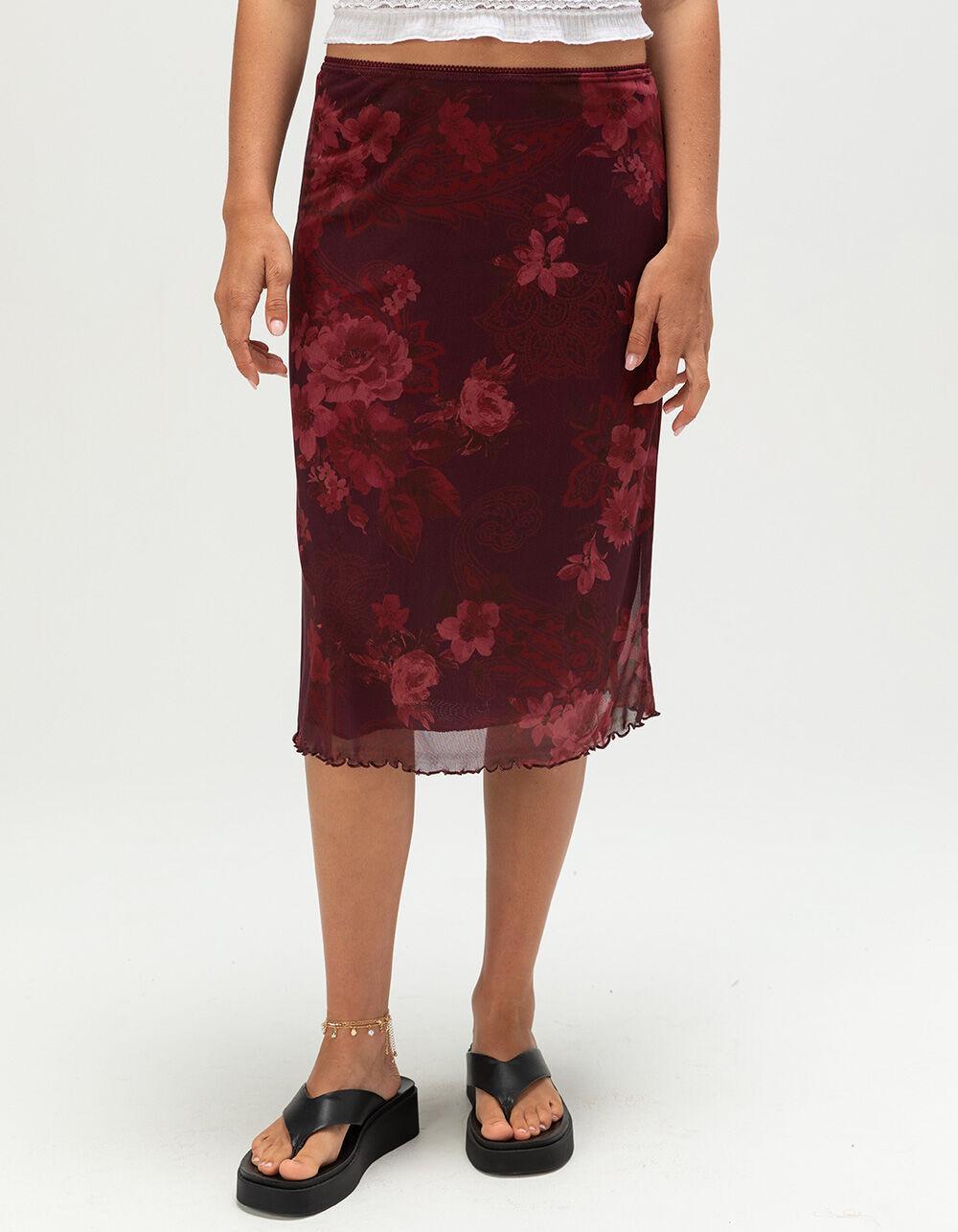 FULL TILT Low Rise Floral Womens Mesh Midi Skirt - BURGUNDY Product Image