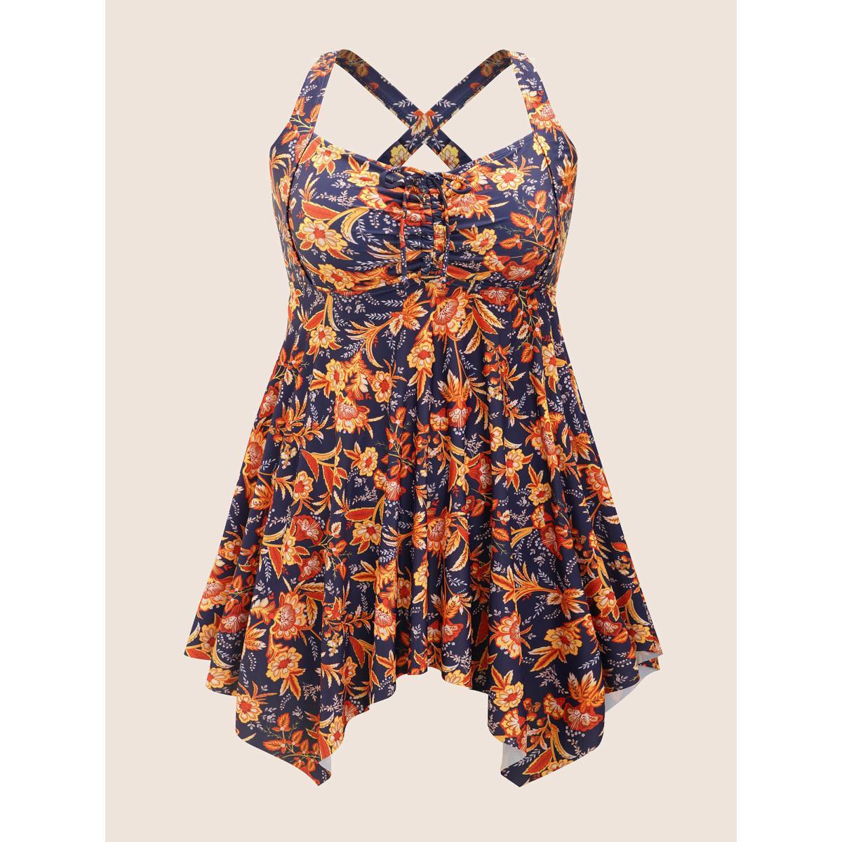 Plus Size Bandana Print Knotted Asymmetrical Hem Swim Dress Women's Swimwear DarkBlue Beach Bodycon Non High stretch Curve Swim Dresses BloomChic 18-20/2X Product Image