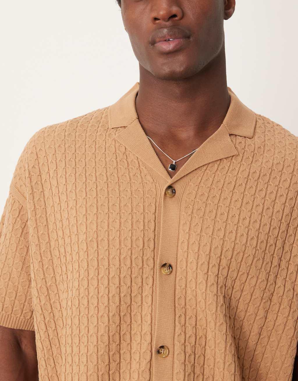 ASOS DESIGN oversized lightweight knitted shirt with cable knit in brown  Product Image