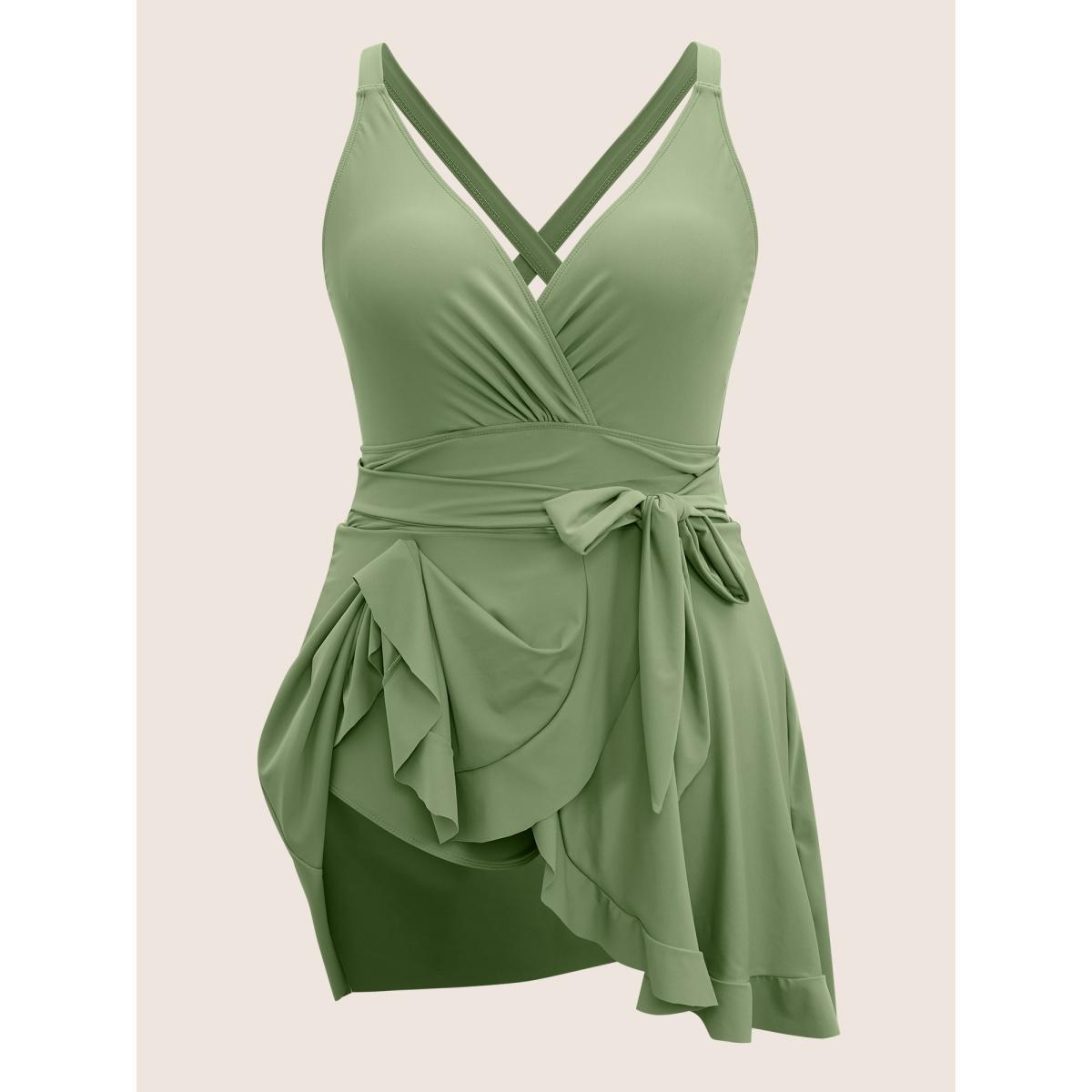 Plus Size Plain Ties Wrap Flutters Swim Dress Women's Swimwear Moss Beach Bodycon Overlap Collar High stretch Curve Swim Dresses BloomChic 28/5X Product Image