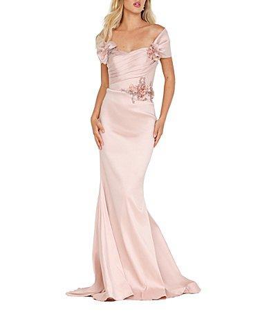 Terani Couture Beaded Off-the-Shoulder Cap Sleeve Back Detail Mermaid Gown Product Image