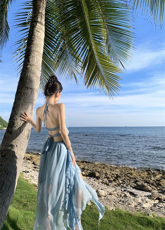 Halter Neck Plain Ruffle Trim Cutout Maxi Sun Dress Product Image