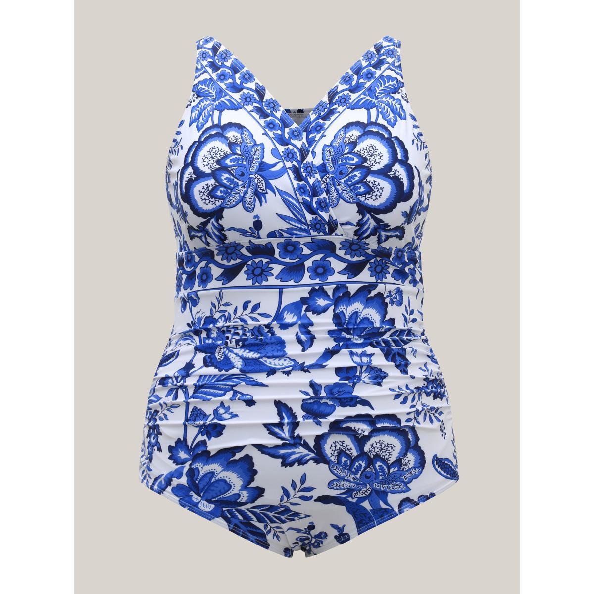 Plus Size Two-Piece Floral Print Ruched Mesh Swimsuit, Sarong Women's Swimwear Indigo Beach Gathered Curve Bathing Suits High stretch One Pieces BloomChic 22-24/3X Product Image