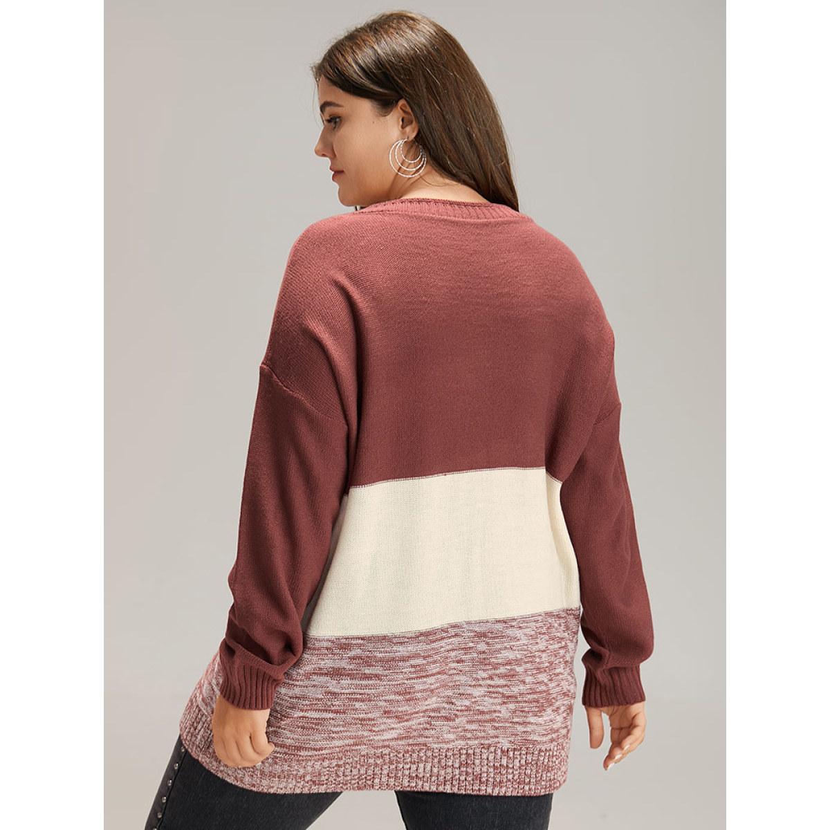 Plus Size Contrast Heather V Neck Button Detail Pullover Russet Women Casual Long Sleeve V-neck Dailywear Pullovers BloomChic 22-24/3X Product Image