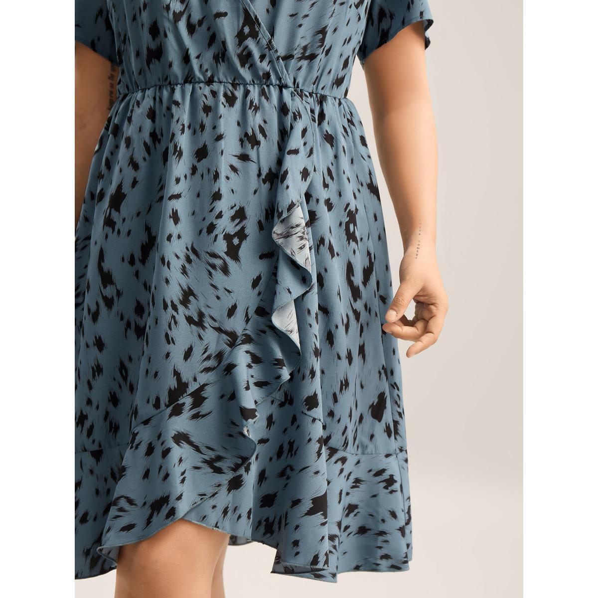 Plus Size Leopard Print Faux Wrap Ruffled Midi Dress Skyblue Women Overlap Collar Short sleeve Curvy BloomChic 28/5X Product Image