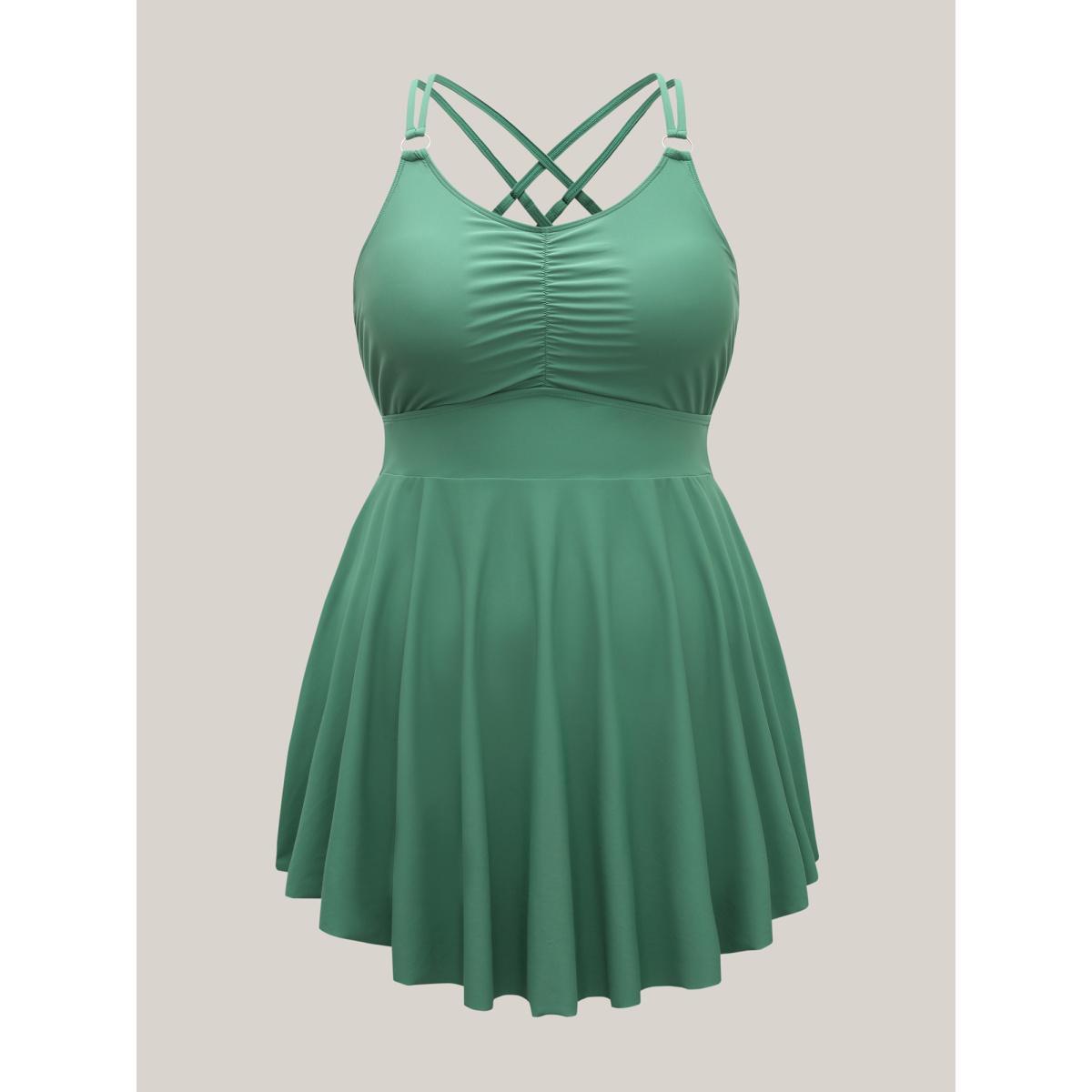 Plus Size Anti Float Tie Metal Detail Swim Dress Women's Swimwear Greenbean Beach Bodycon U-neck High stretch Curve Swim Dresses BloomChic 26/4X Product Image