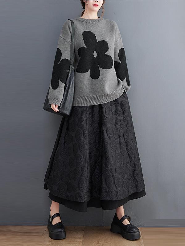 Casual Loose Long Sleeves Contrast Color Jacquard Round-Neck Sweater Tops Product Image