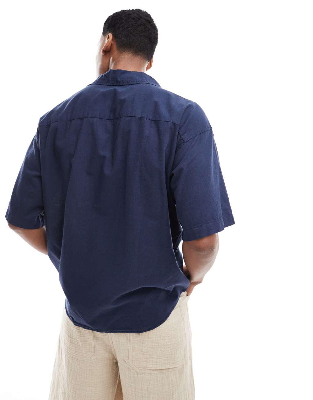 Jack & Jones oversized utility pocket linen shirt in navy Product Image